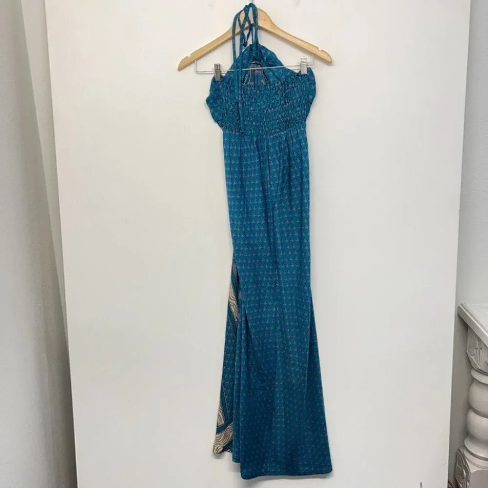 Aller Simplement Halter Smocked Flowy Satin‎ Silky Maxi Dress Tropical S/M Boho - Picture 2 of 9